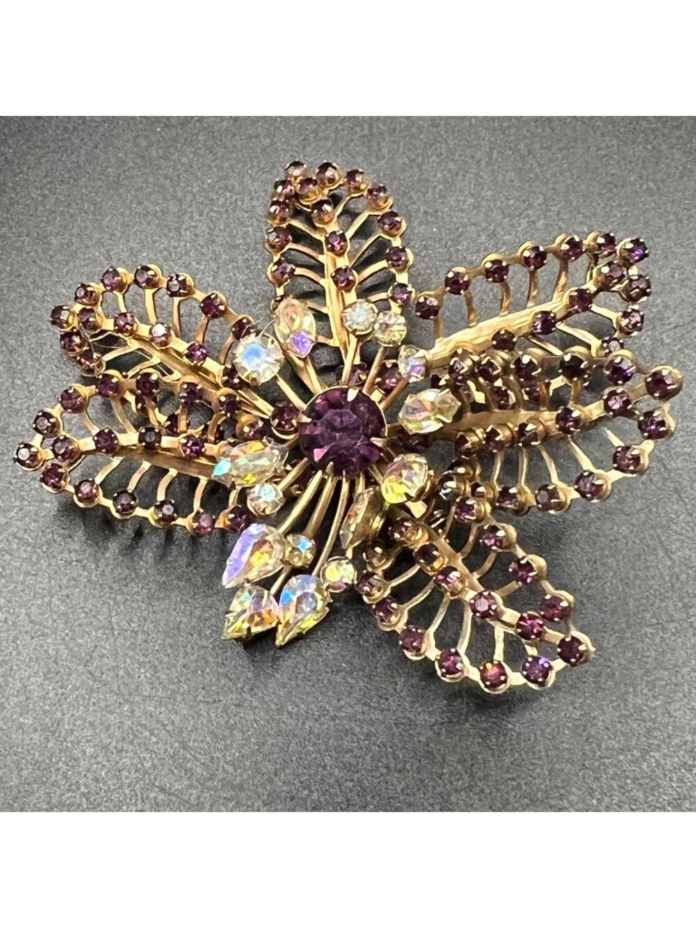 Vintage Gold Tone Floral Brooch Purple Aurora Borealis Rhinestones Statement Pin